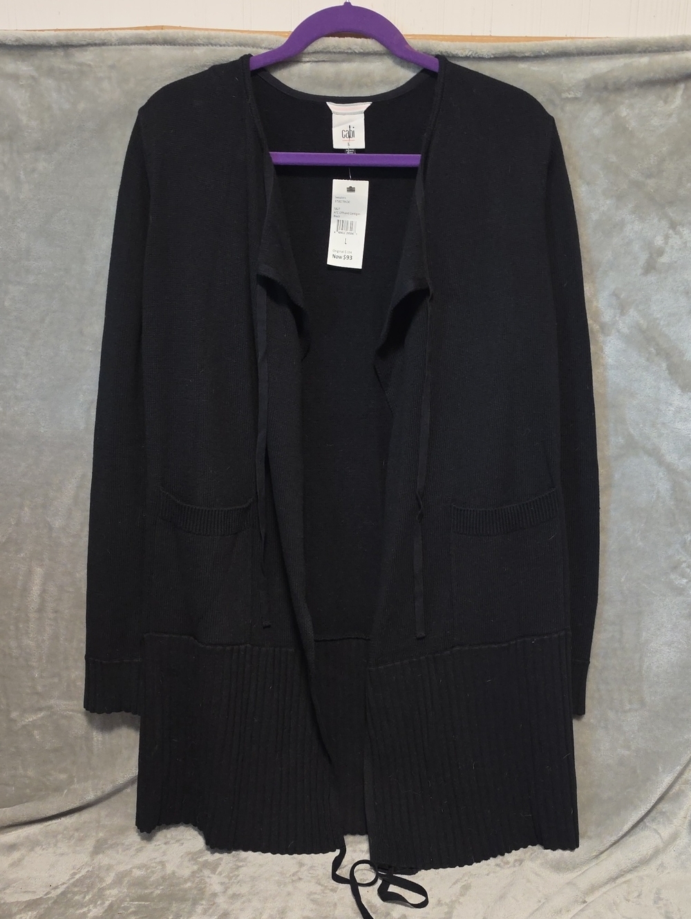NWT CAbi ATC Offhand Black Open-Front Tie Cardigan Sweater